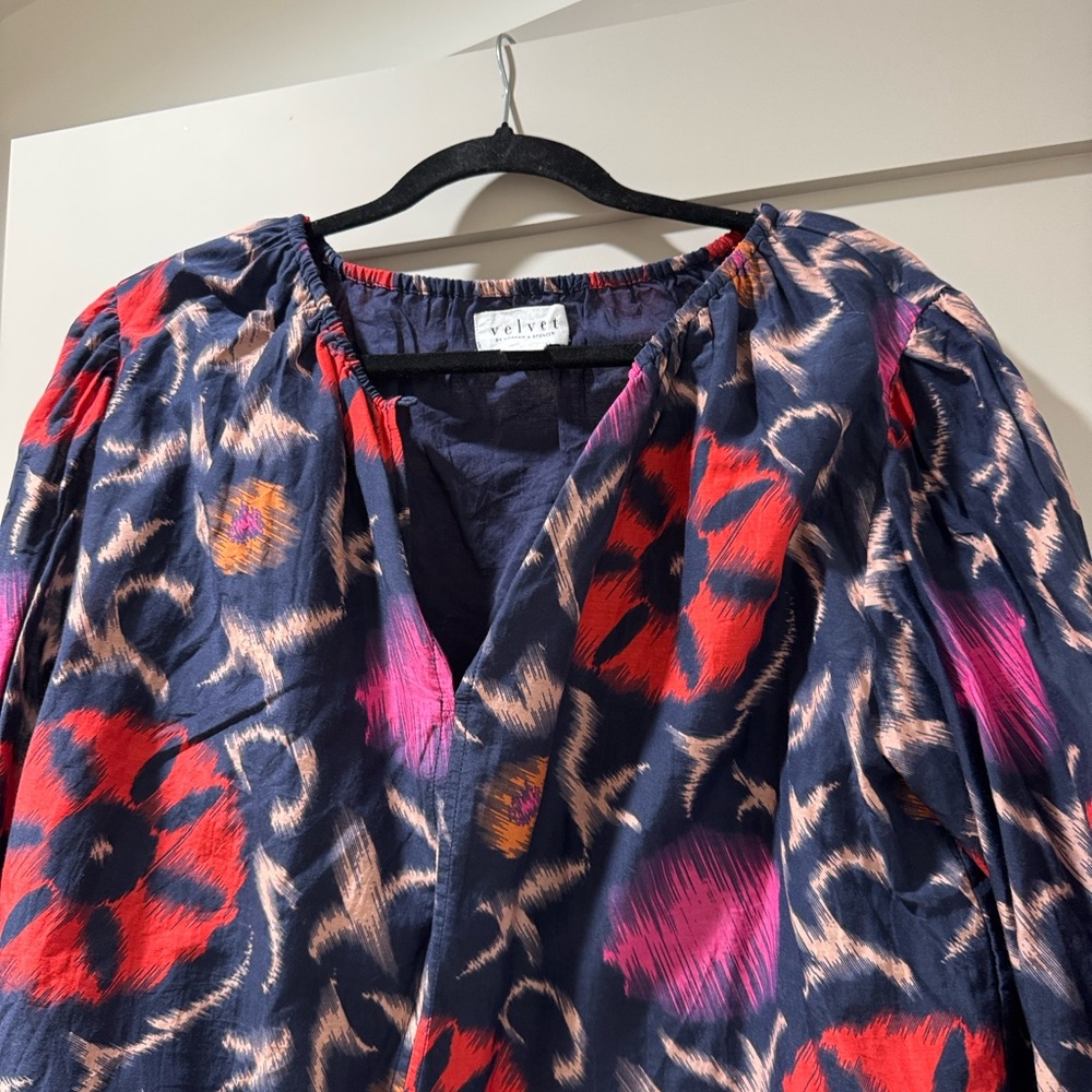Velvet Women's Blouse - Navy with Red and Pink Floral